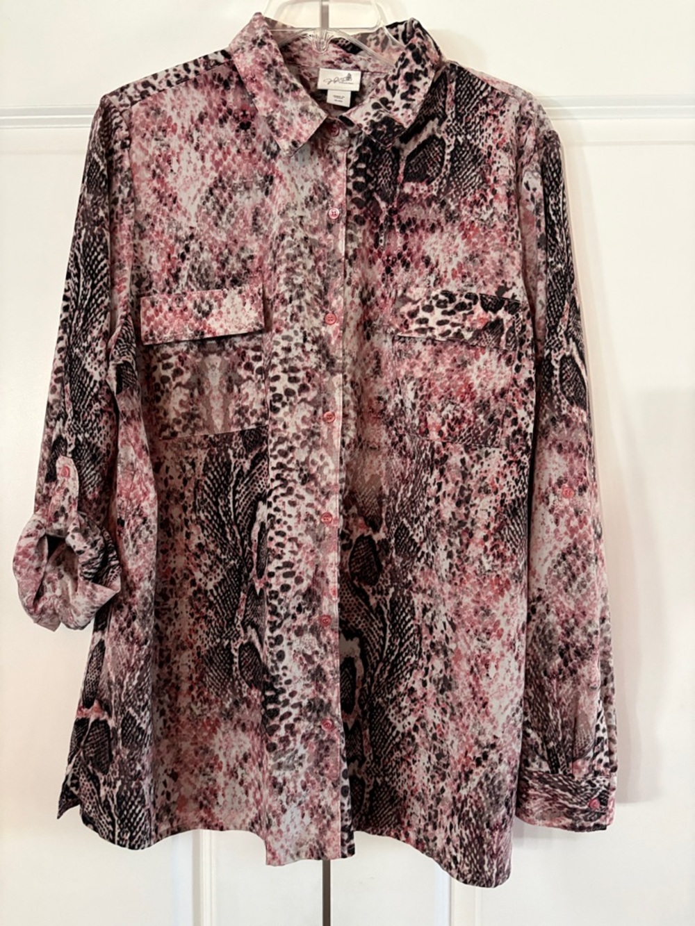 Printed Button-Front Women's Blouse in Pink and Black